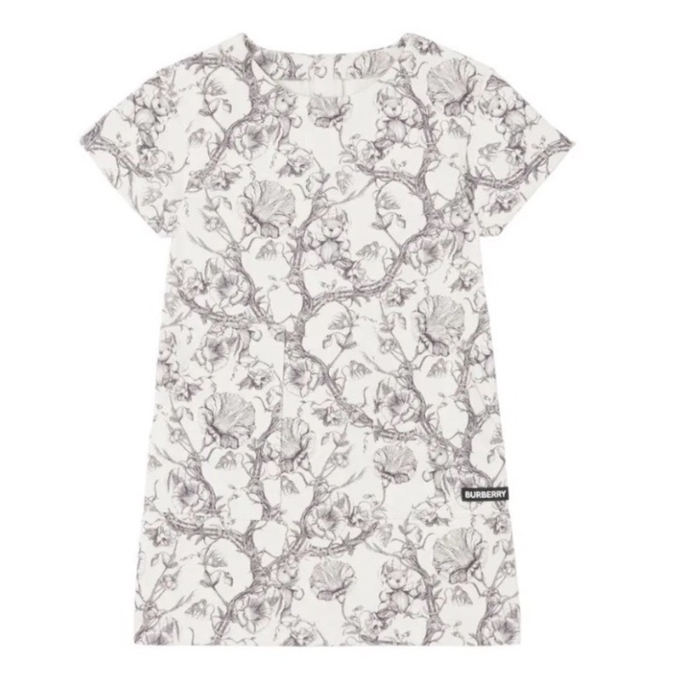 Burberry Kids White Denim Floral Teddy Bear Shift Dress 6Y 116cm 895075